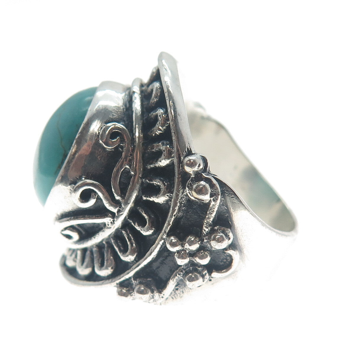 925 Sterling Silver Vintage Real Mountain Turquoise Sun Oxidized Ring Size 10.25
