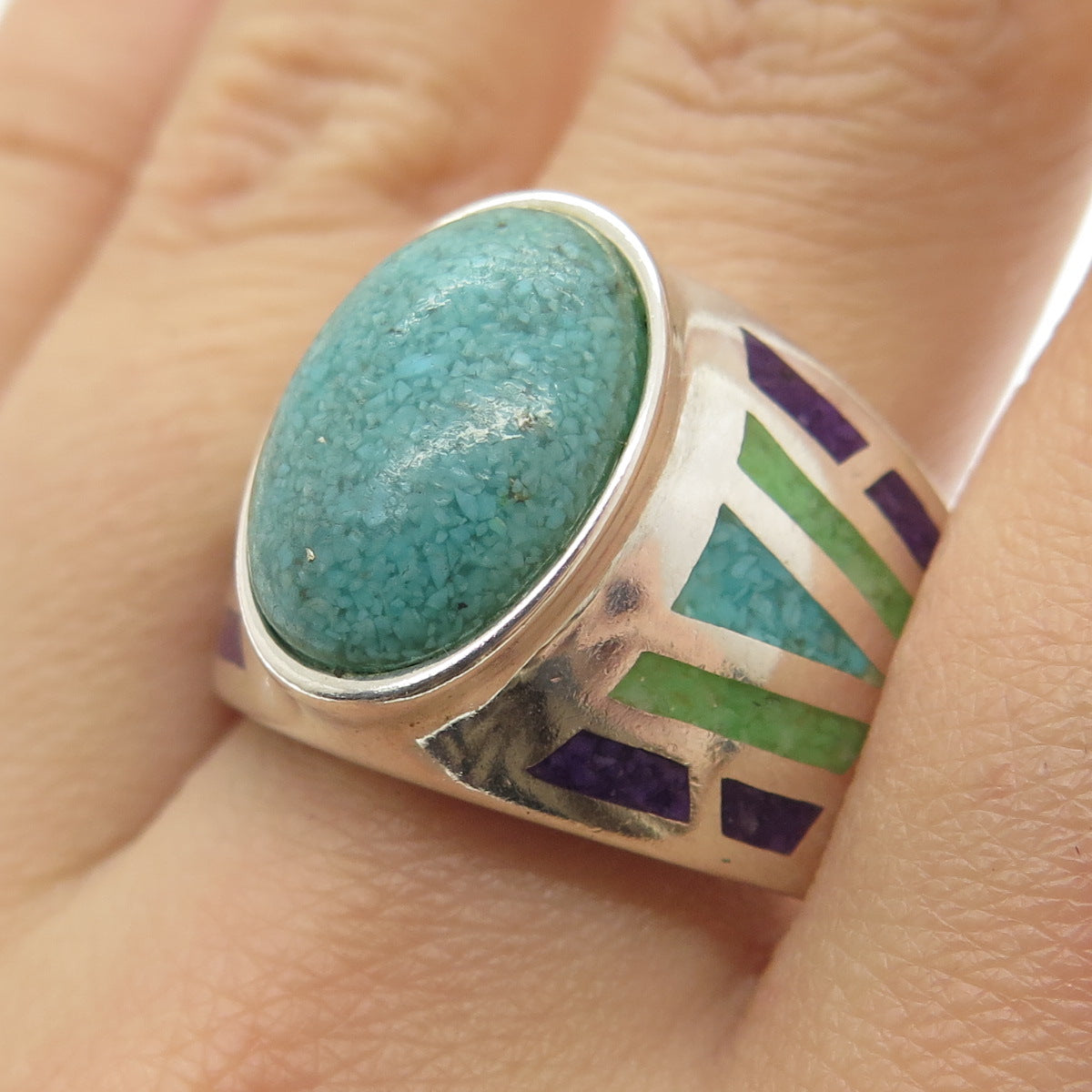 COLEMAN CO. 925 Sterling Vintage Real Turquoise & Sugilite Inlay Ring Size 10.25