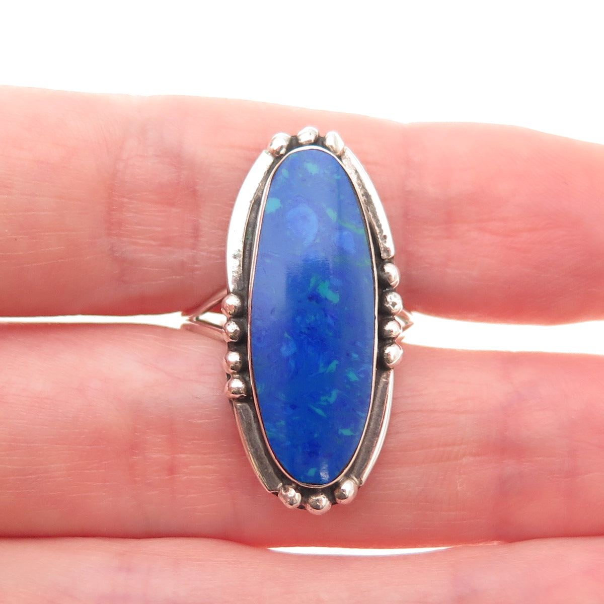925 Sterling Silver Vintage Mexico Real Azurite Oxidized Ring Size 7.75