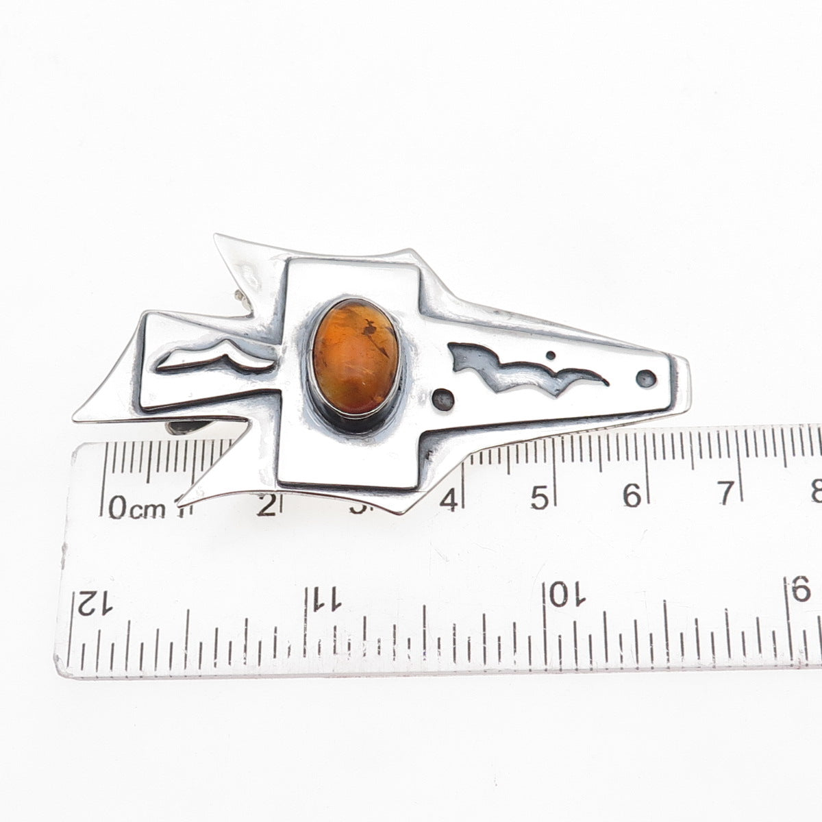925 Sterling Silver Vintage Real Amber Modernist Cross Pin Brooch / Pendant