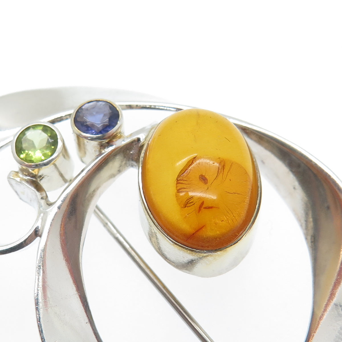 MICHOU 925 Sterling Silver Vintage Real Amber Iolite & Peridot Modernist Brooch