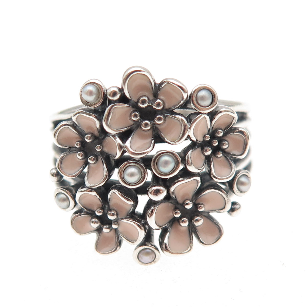 Pandora Sterling Silver Enamel Real Pearl Cherry Blossom Bouquet Ring Size 7.75