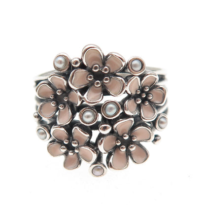 Pandora Sterling Silver Enamel Real Pearl Cherry Blossom Bouquet Ring Size 7.75