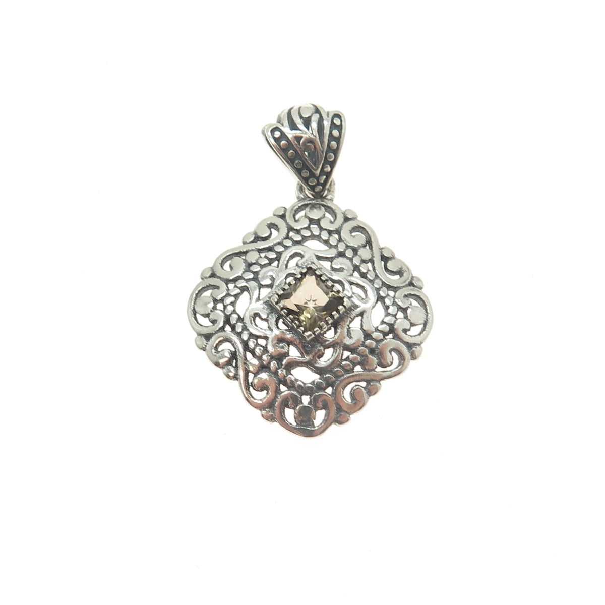 BERIA 925 Sterling Silver Princess-Cut Smoky Quartz Ornate Square Pendant