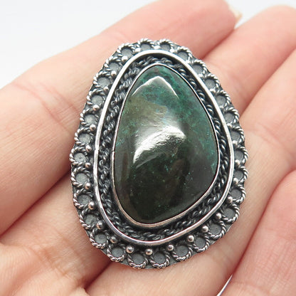 925 Sterling Silver Vintage Real Chrysocolla Gemstone Pin Brooch / Pendant
