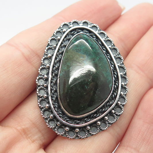 925 Sterling Silver Vintage Real Chrysocolla Gemstone Pin Brooch / Pendant