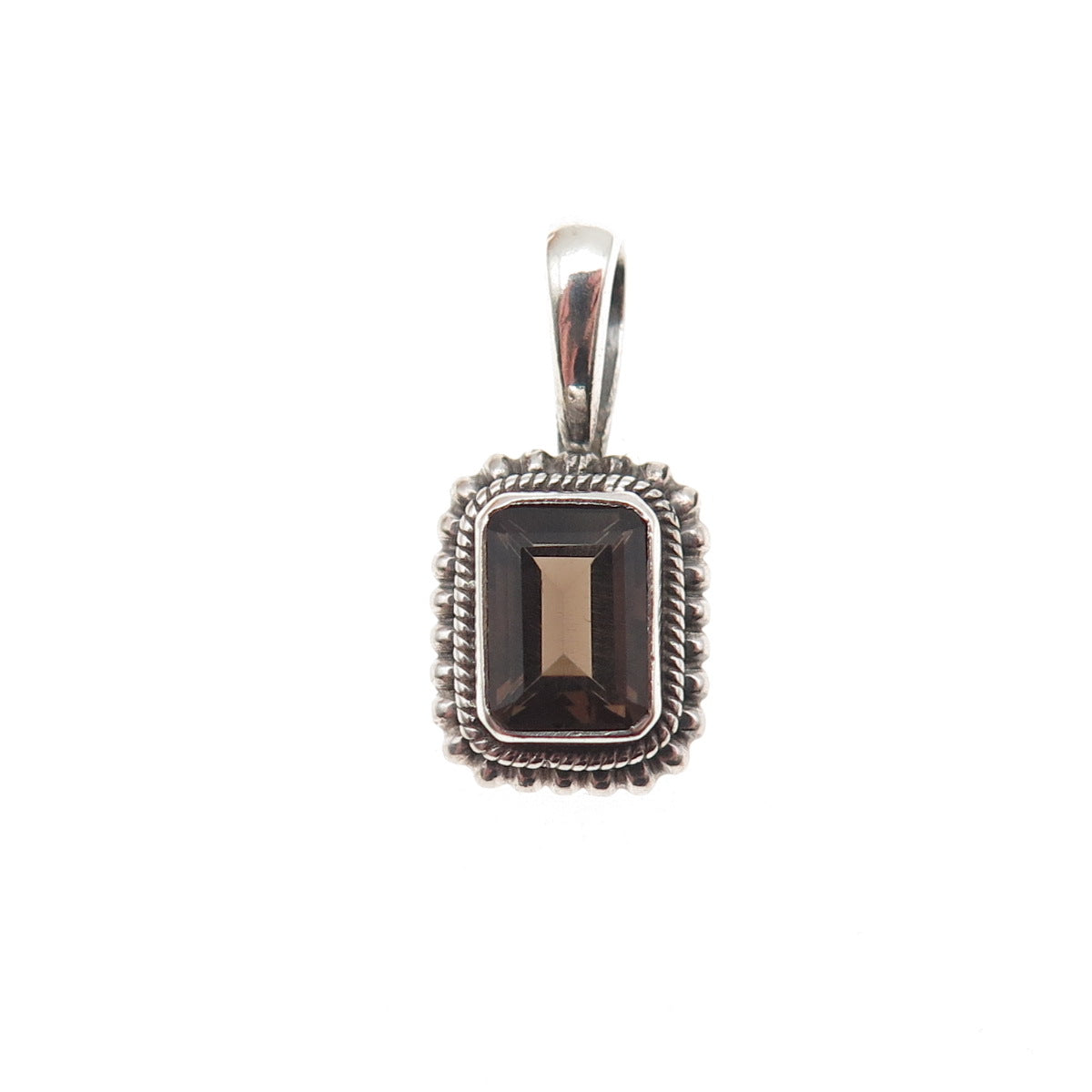 925 Sterling Silver Vintage Real Emerald-Cut Smoky Quartz Mini Charm Pendant
