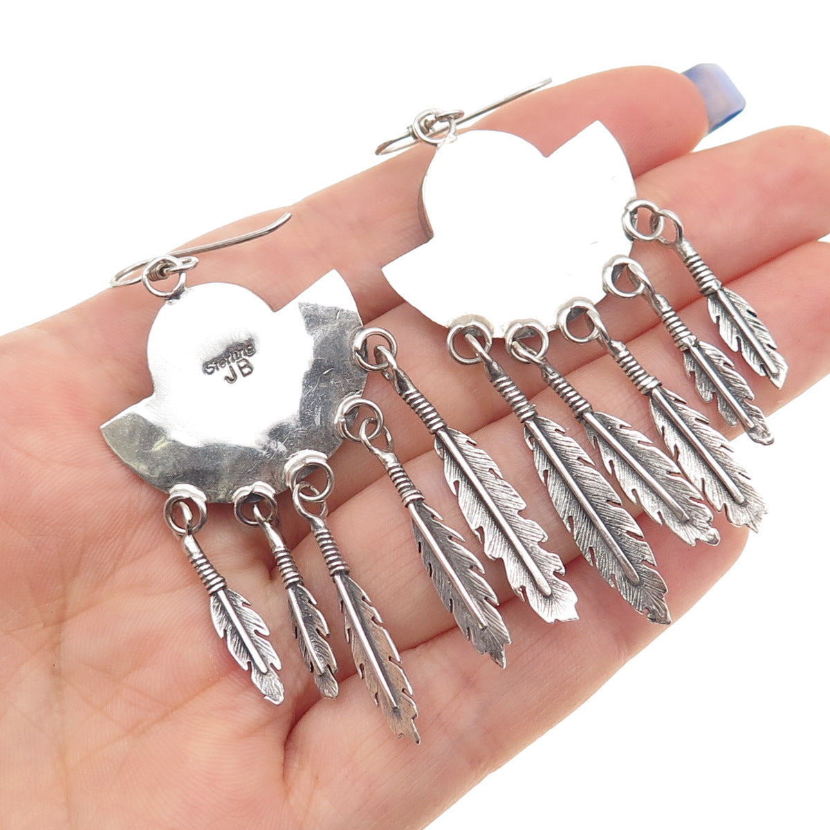 Jack Bly Kewa Old Pawn 925 Sterling Vintage Black Onyx Feather Dangle Earrings