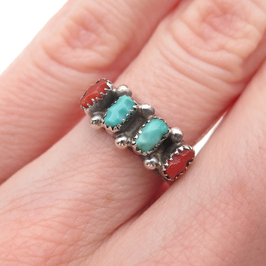 Old Pawn 925 Sterling Silver Vintage Southwestern Turquoise & Coral Ring Size 6
