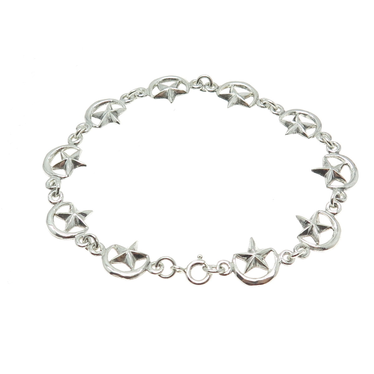 925 Sterling Silver Vintage Crescent Moon & Star Link Bracelet 7.5"