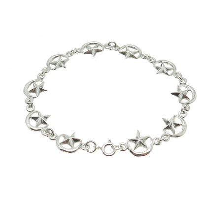 925 Sterling Silver Vintage Crescent Moon & Star Link Bracelet 7.5"