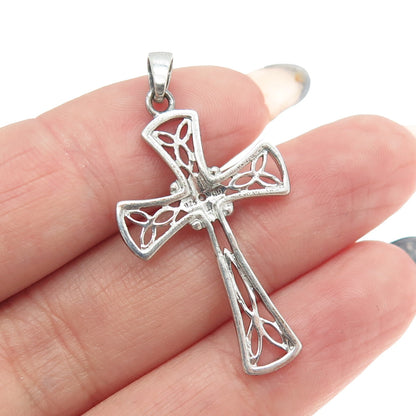 925 Sterling Silver Real Diamond Filigree Cross Religious Pendant