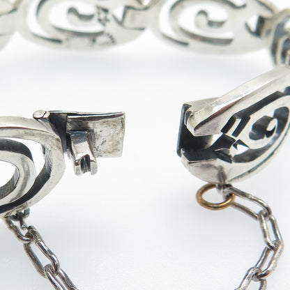 925 Sterling Silver Vintage Mexico Aztec Spiral Panel Link Bracelet 6.75"