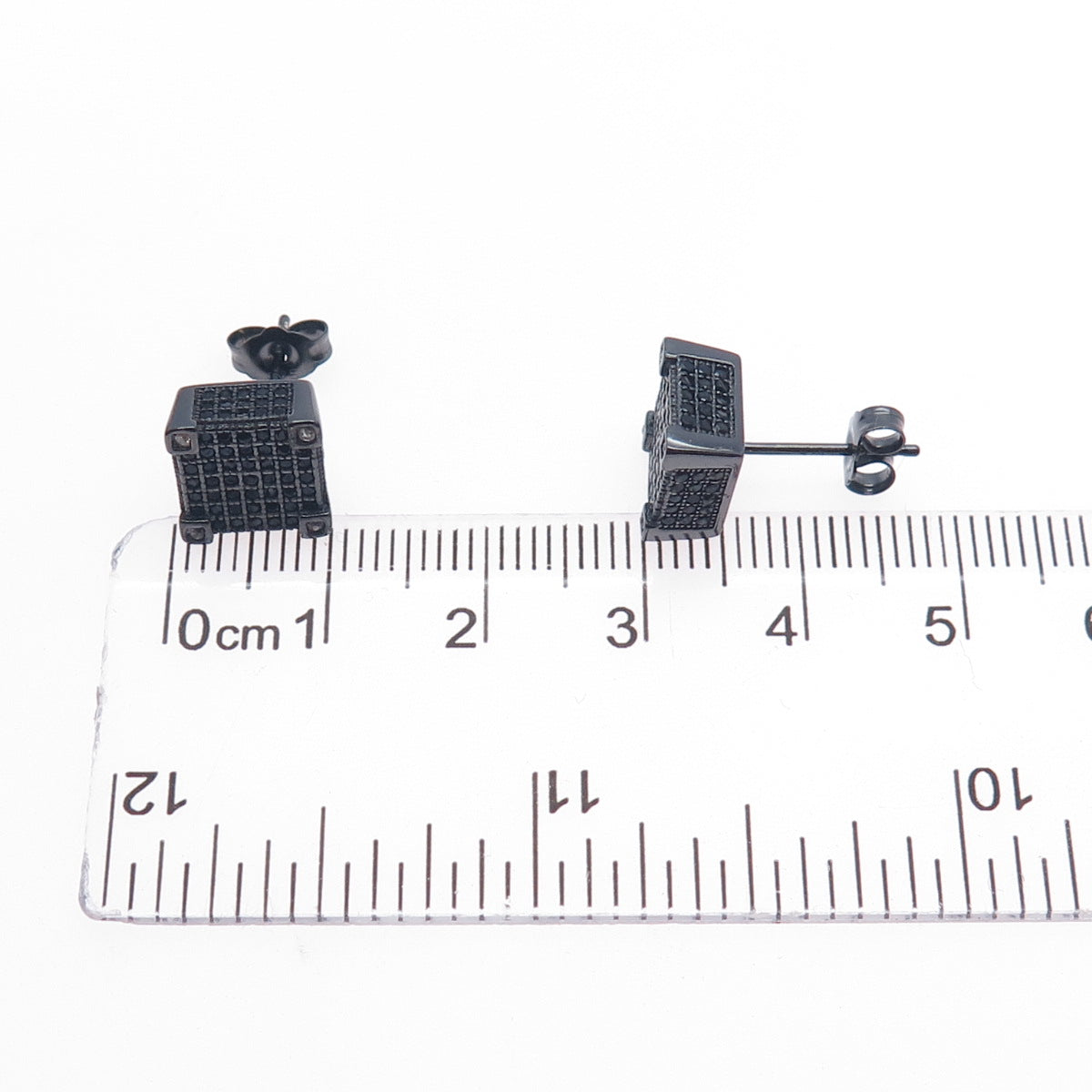 925 Sterling Silver Black Rhodium Round-Cut C Z Square Stud Earrings