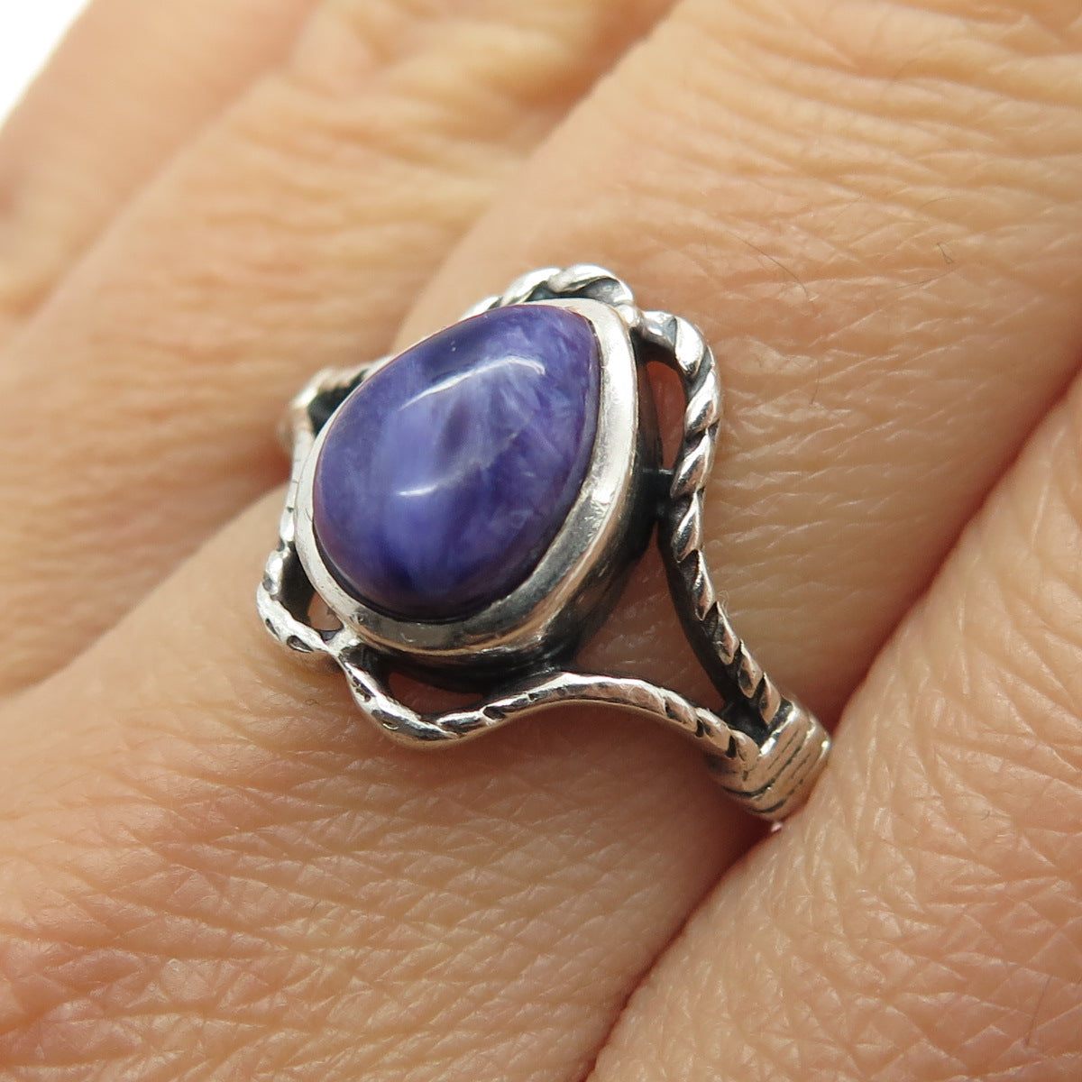 925 Sterling Silver Vintage Real Pear-Cut Charoite Oxidized Ring Size 7.75