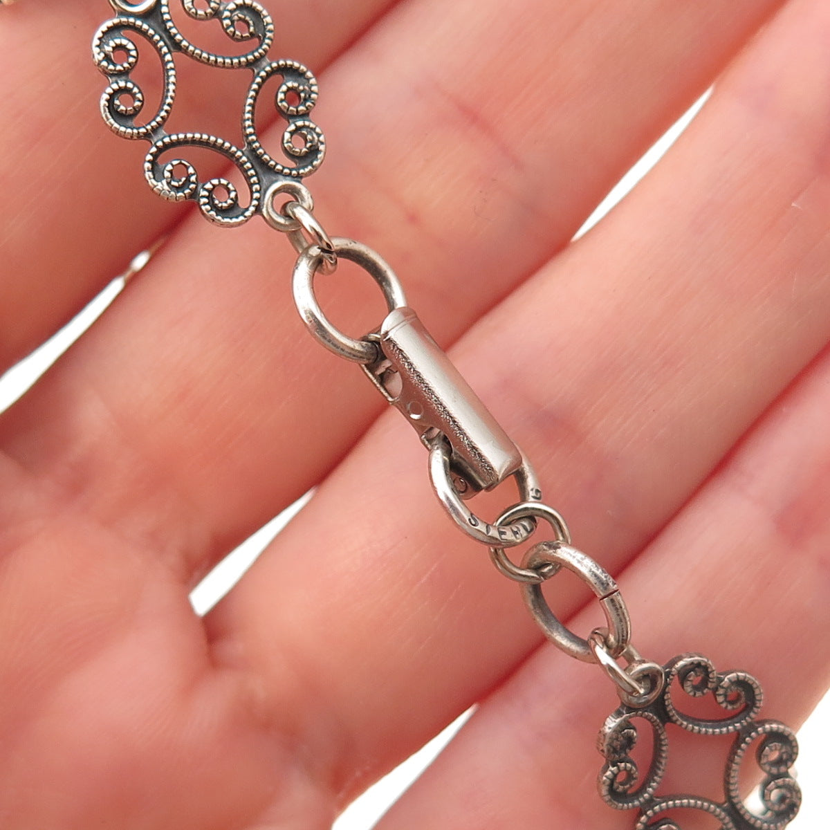 Beau 925 Sterling Silver Vintage Real Turquoise Filigree Oxidized Bracelet 7"