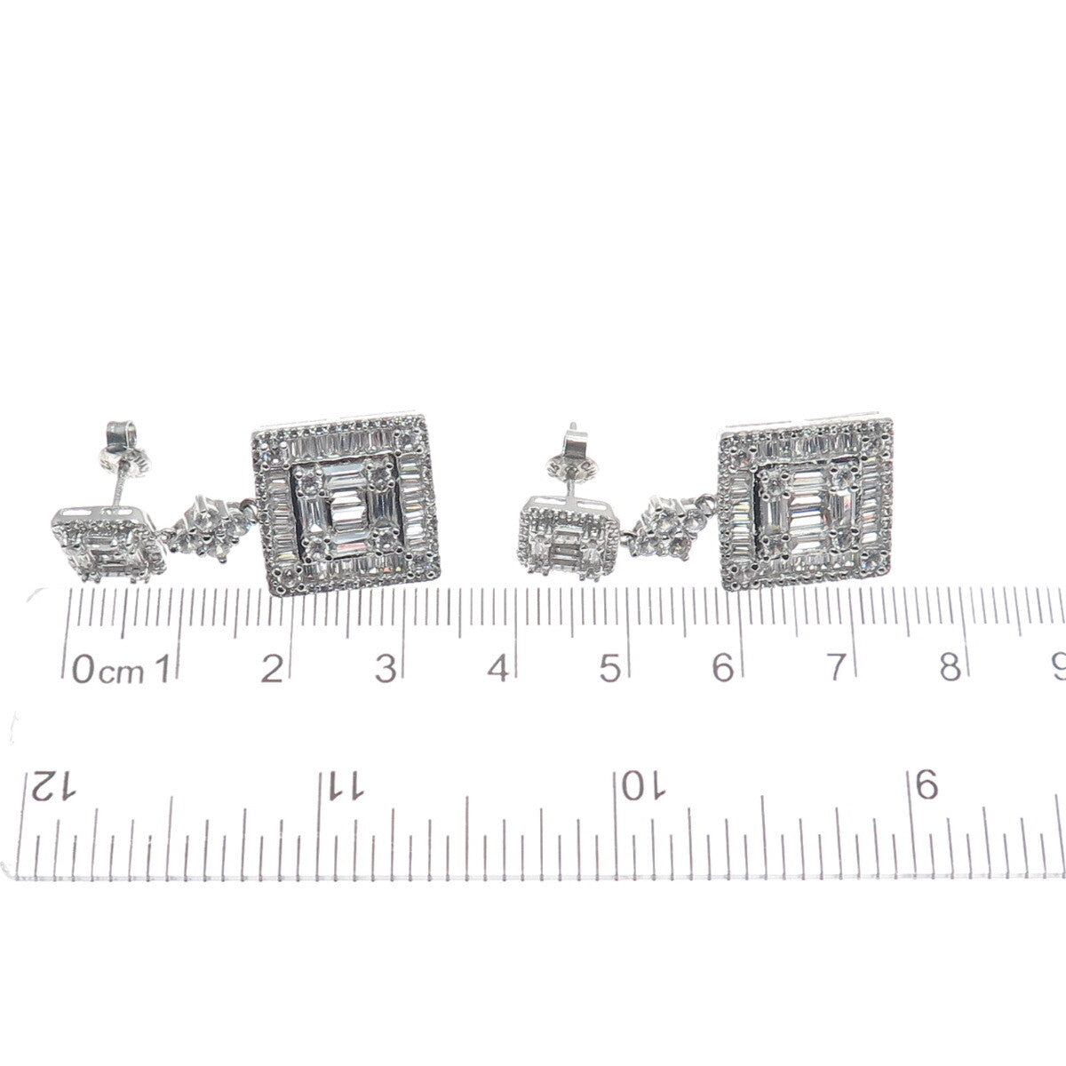925 Sterling Silver Round & Baguette-Cut C Z Dangle Earrings