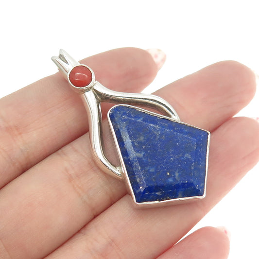 925 Sterling Silver Vintage Real Lapis Lazuli & Coral Modernist Pendant