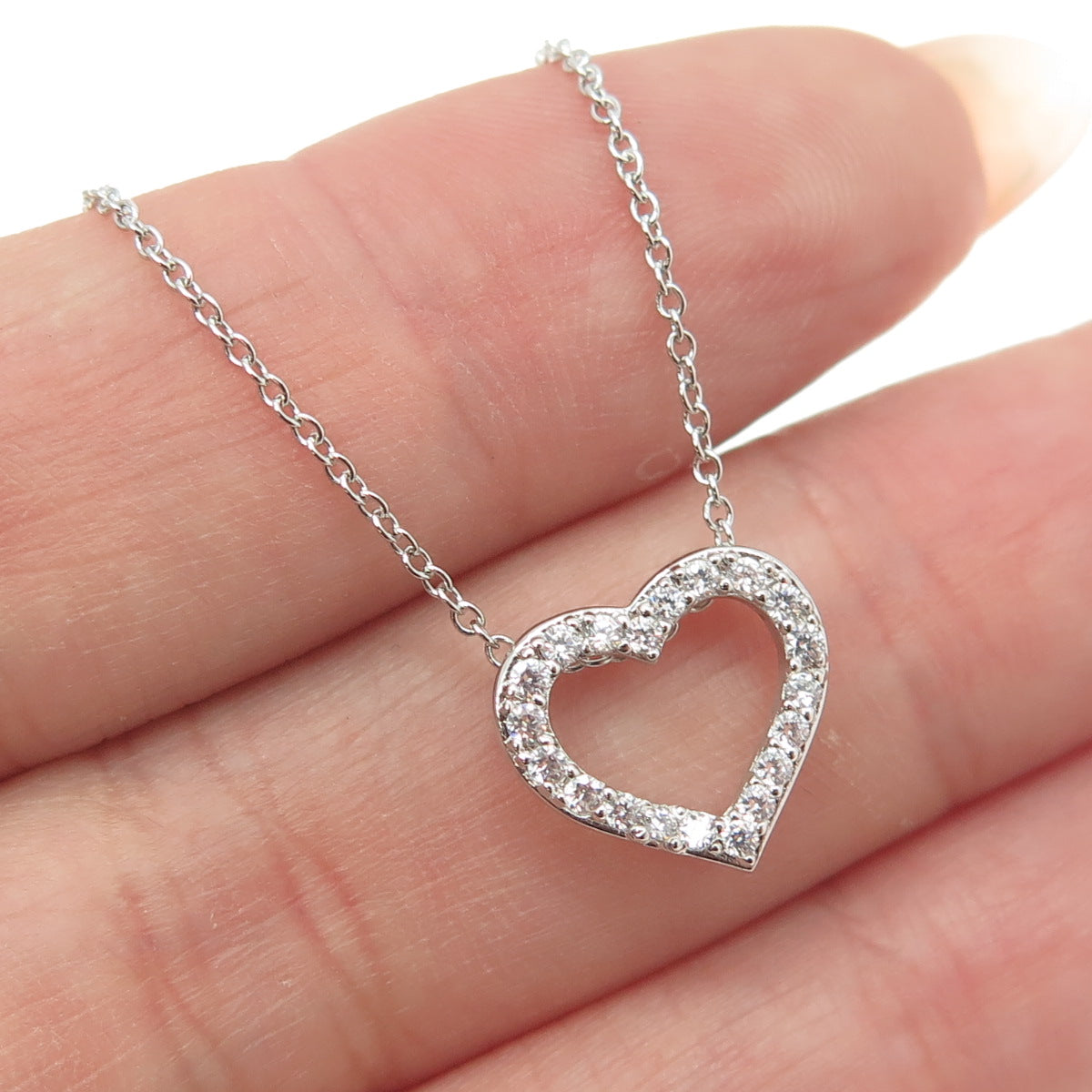 925 Sterling Silver Round-Cut Shaped C Z Heart Rolo Chain Necklace 18"