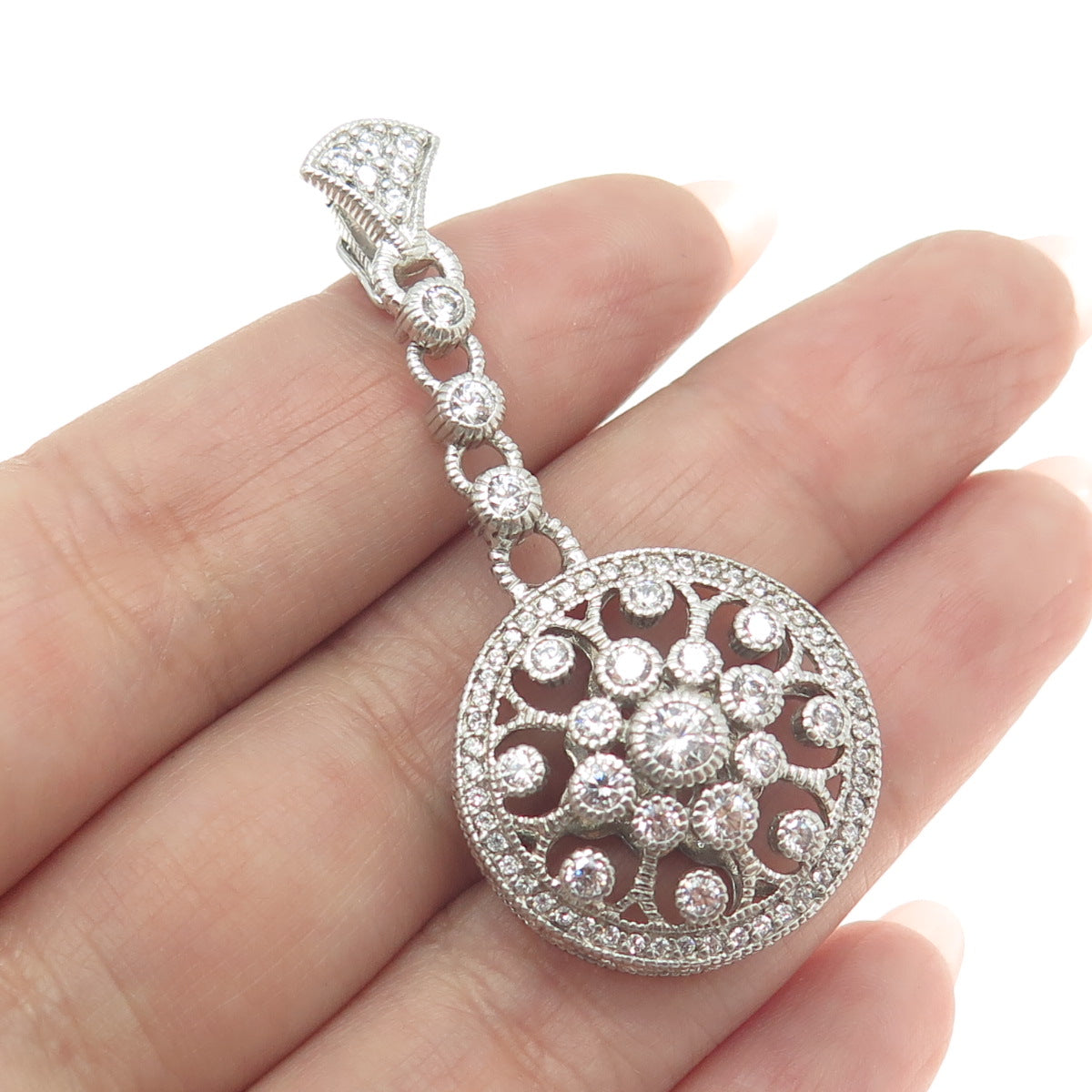 JUDITH RIPKA 925 Sterling Silver Round-Cut C Z Floral Drop Slide Pendant