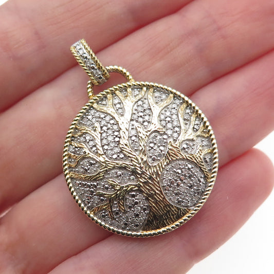 925 Sterling Silver 2-Tone Round-Cut C Z Tree of Life Pendant