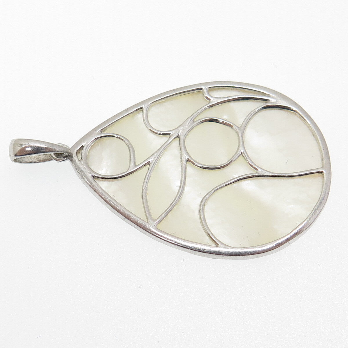 925 Sterling Silver Vintage Real Mother-of-Pearl Ornate Teardrop Pendant