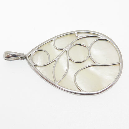 925 Sterling Silver Vintage Real Mother-of-Pearl Ornate Teardrop Pendant