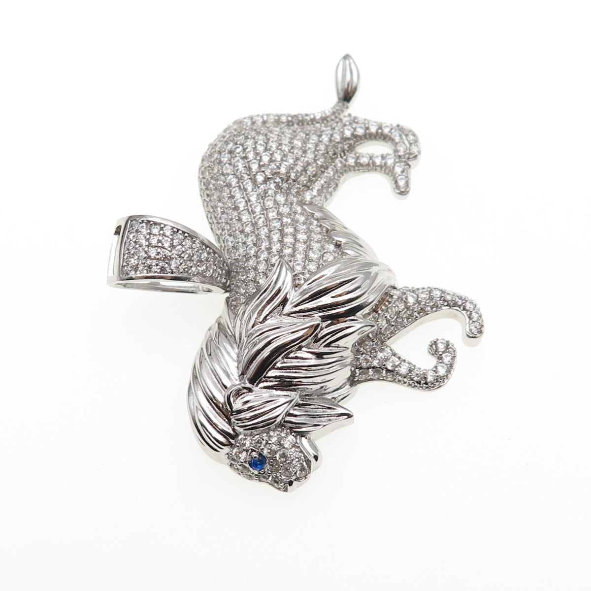 925 Sterling Silver Round-Cut Blue & White C Z Lion Charm Pendant