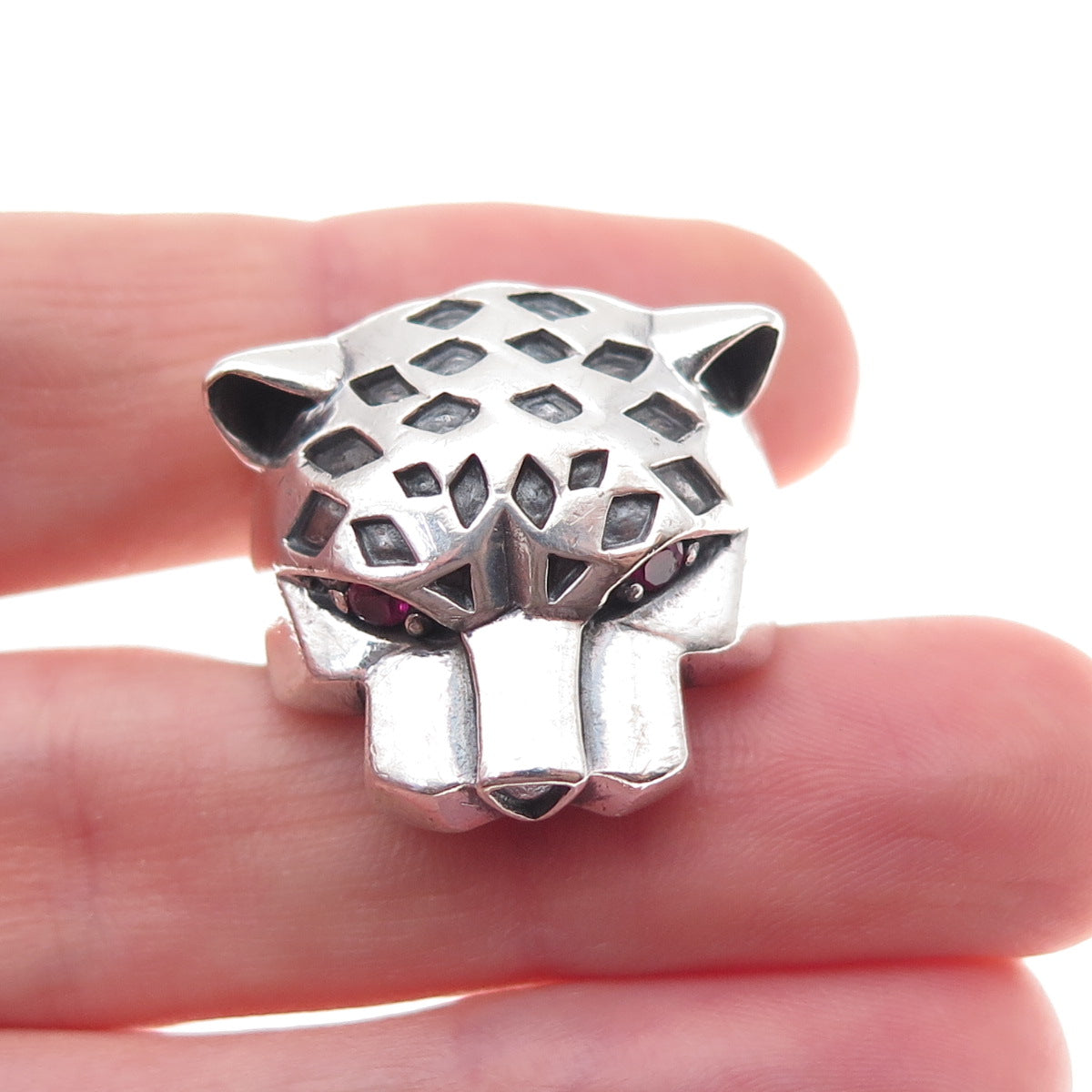 925 Sterling Silver Vintage Real Ruby Panther Oxidized Ring Size 8.25