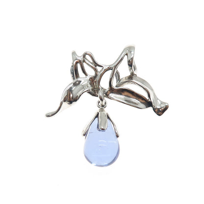 925 Sterling Silver Vintage Blue Glass Modernist Ribbon Bow Slide Pendant