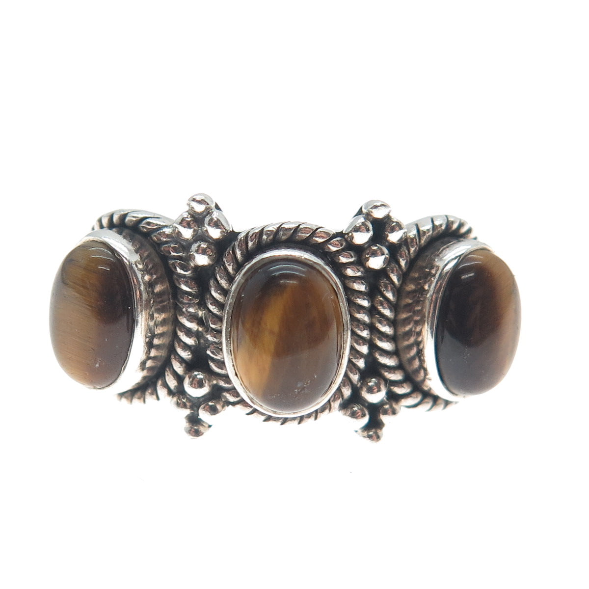 DOUG PAULUS 925 Sterling Silver Vintage Real Tiger Eye Beaded Ring Size 10.25
