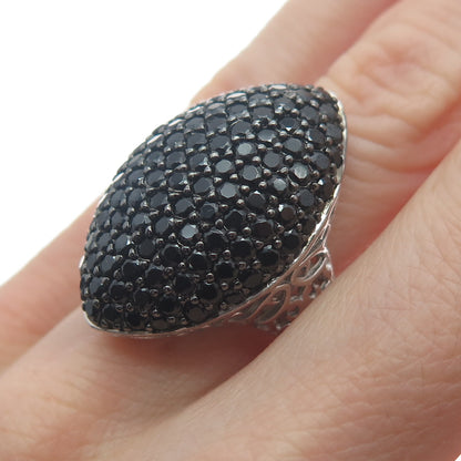 925 Sterling Silver Real Black Spinel Gem Cluster Marquise Dome Ring Size 7