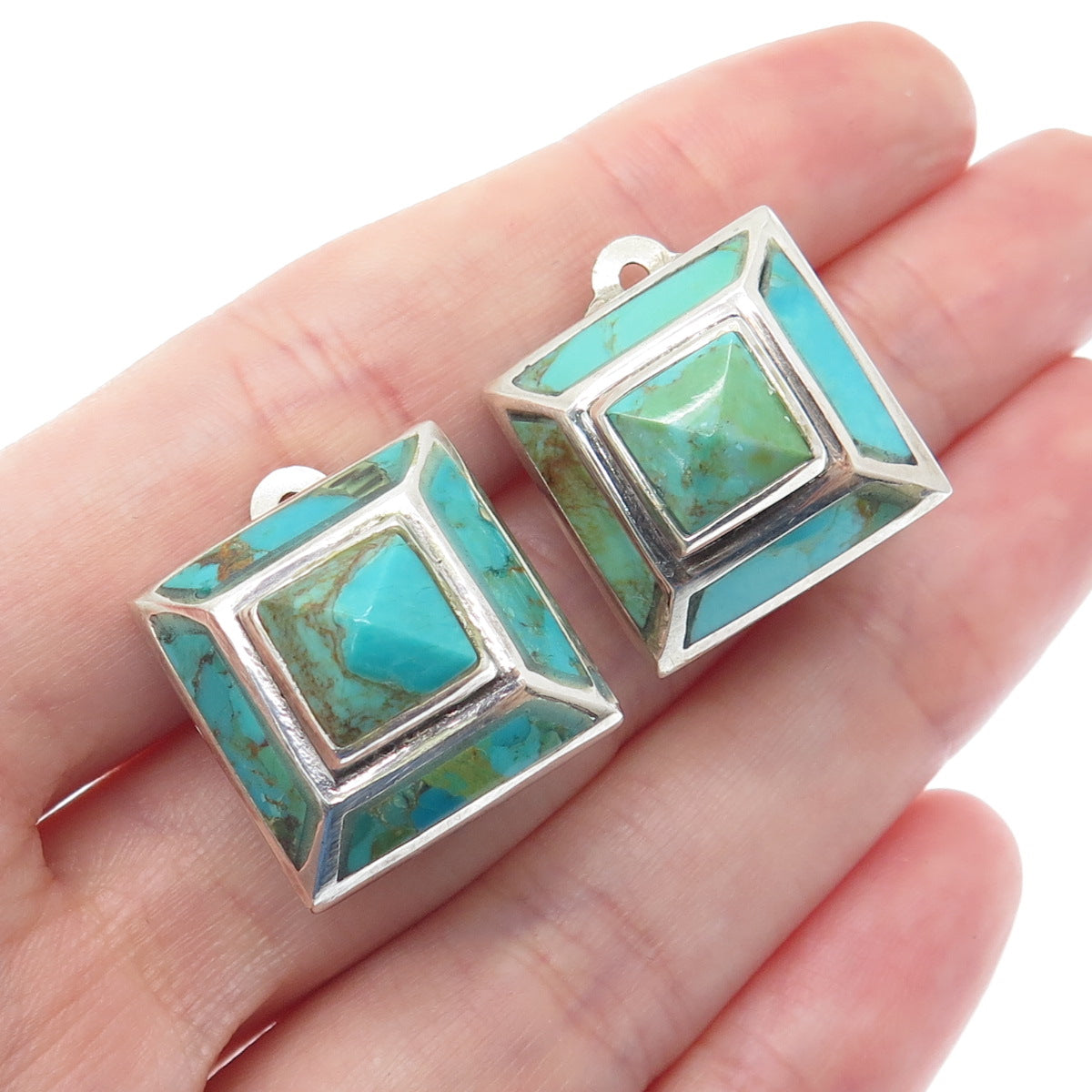 925 Sterling Silver Vintage Lone Mountain Turquoise Pyramid Clip On Earrings