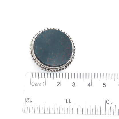 Silver-Tone Antique Victorian Real Round-Cut Bloodstone Twisted Bezel Pin Brooch