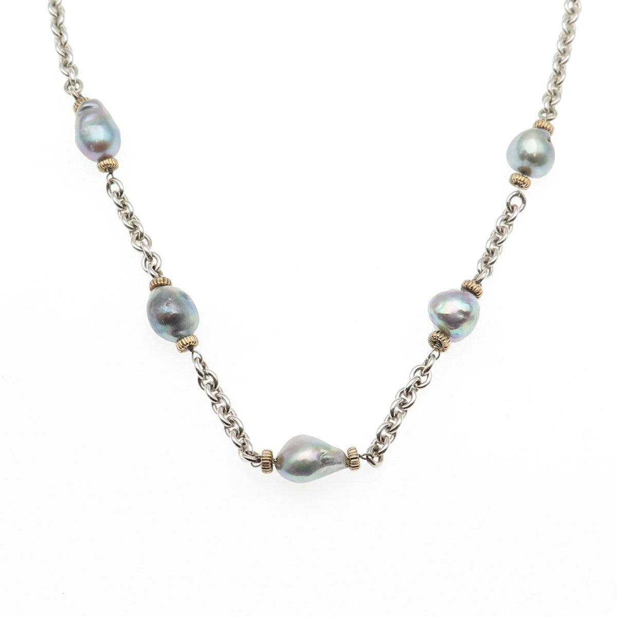 925 Sterling Silver 14K Gold Vintage Real Pearl Station Chain Necklace 16"