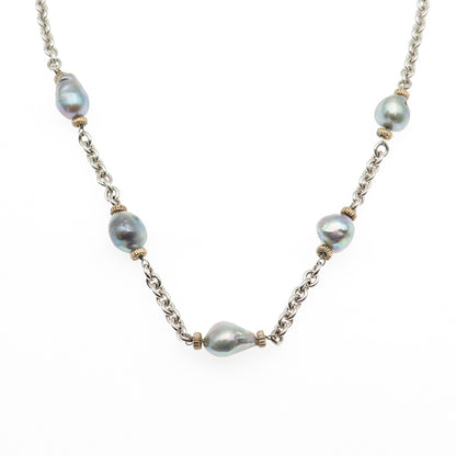 925 Sterling Silver 14K Gold Vintage Real Pearl Station Chain Necklace 16"