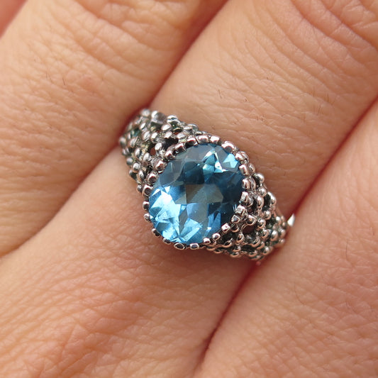 925 Sterling Silver Vintage Blue C Z Modernist Granulated Oxidized Ring Size 6
