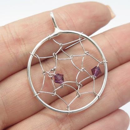 925 Sterling Silver Vintage Real Amethyst Gemstone Spiderweb Pendant