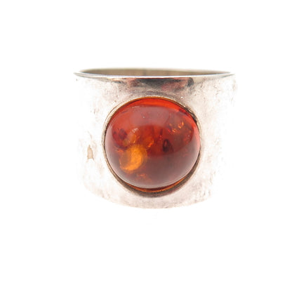 925 Sterling Silver Vintage Real Amber Modernist Oxidized Ring Size 5.75