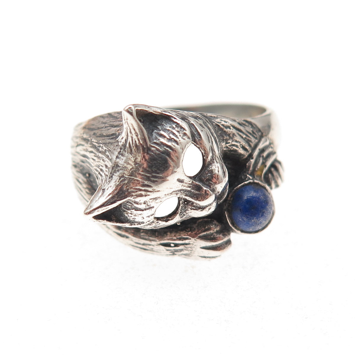 925 Sterling Silver Vintage Real Lapis Cat Oxidized Ring Size 7