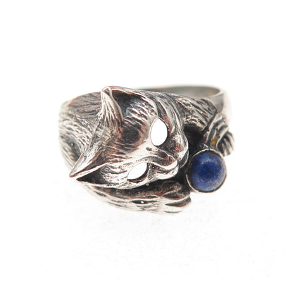 925 Sterling Silver Vintage Real Lapis Cat Oxidized Ring Size 7