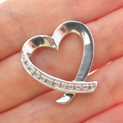 925 Sterling Silver Real Round-Cut Diamond Heart Minimalist Slide Charm Pendant