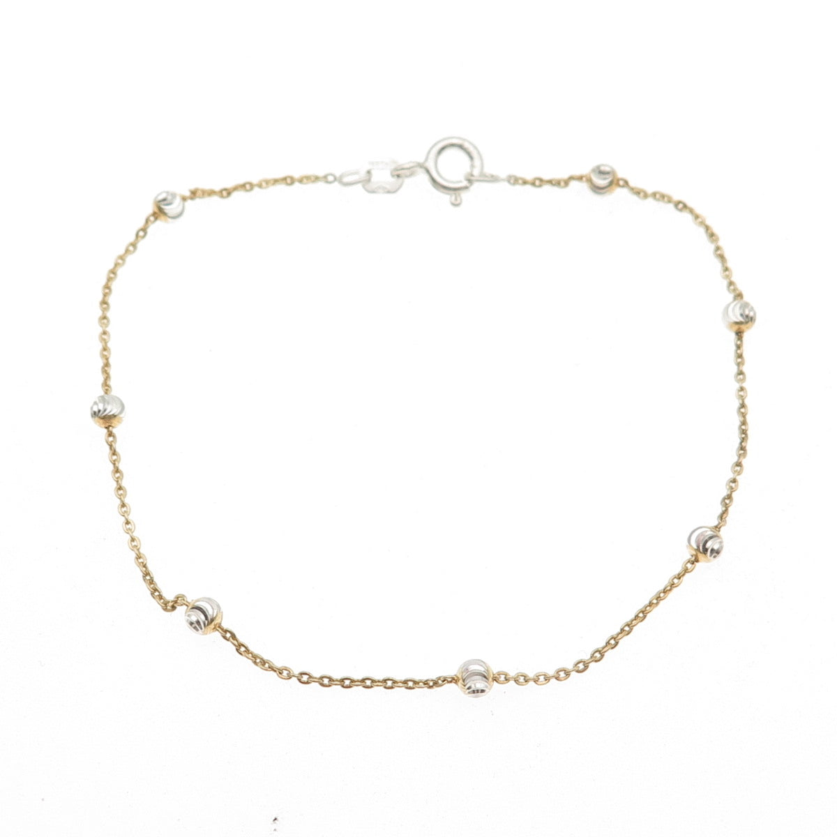 925 Sterling Silver 2-Tone Diamond-Cut Bead Station Cable Link Bracelet 7"