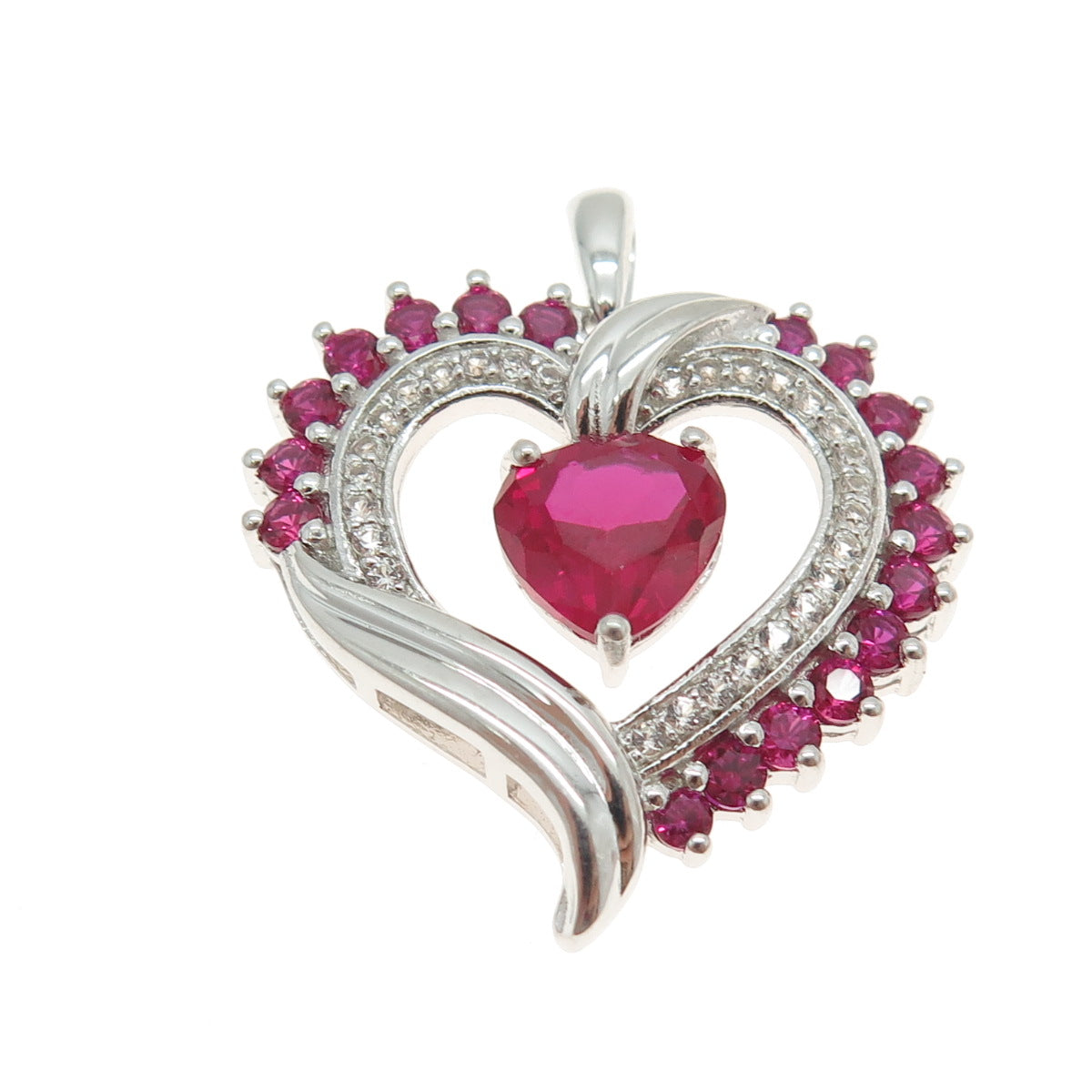 SAI 925 Sterling Silver Lab-Created Pink Sapphire Real White Topaz Heart Pendant