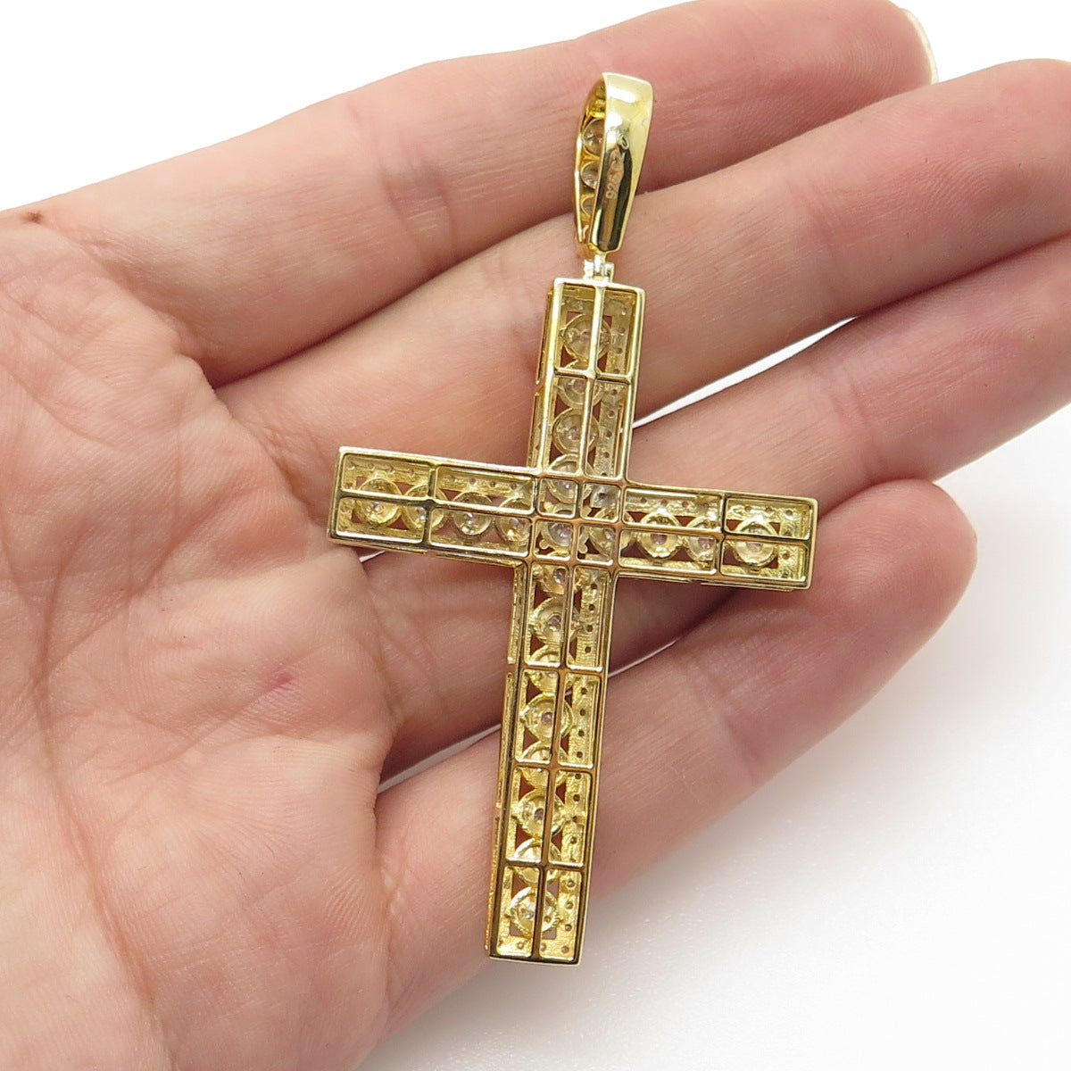 925 Sterling Silver Gold Plated Pave C Z Cross Pendant