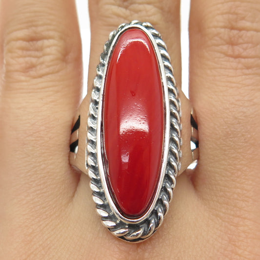 SHUBE 925 Sterling Silver Vintage Southwestern Real Coral Long Ring Size 10.5