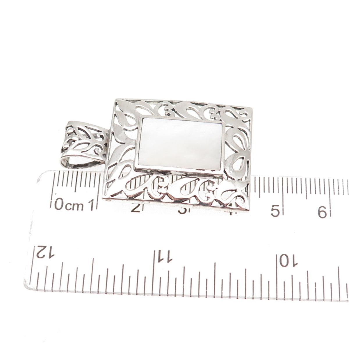 925 Sterling Silver Vintage Real MOP Floral Ornate Oxidized Pendant