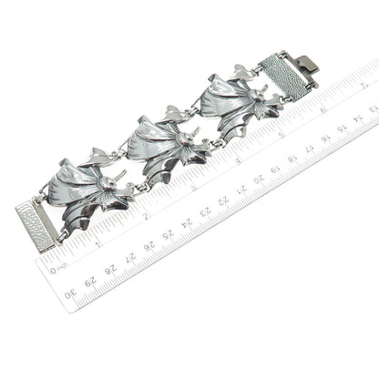 925 Sterling Silver Antique Art Deco Floral Panel Link Oxidized Bracelet 6.5"