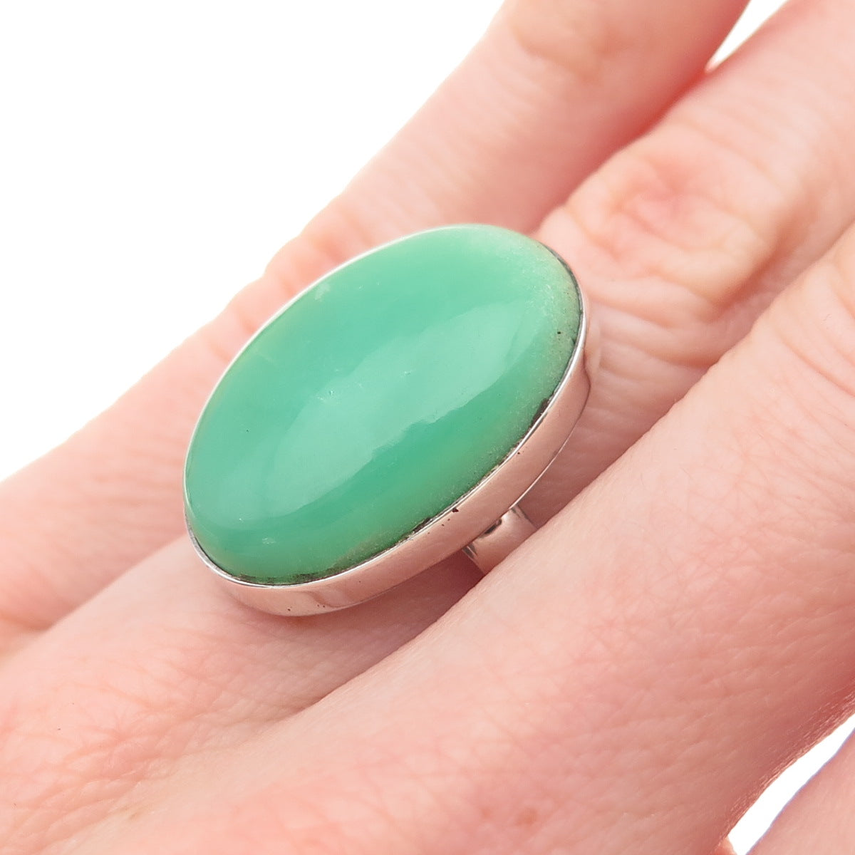 925 Sterling Silver Vintage Real Cabochon Chrysoprase Ring Size 5.75