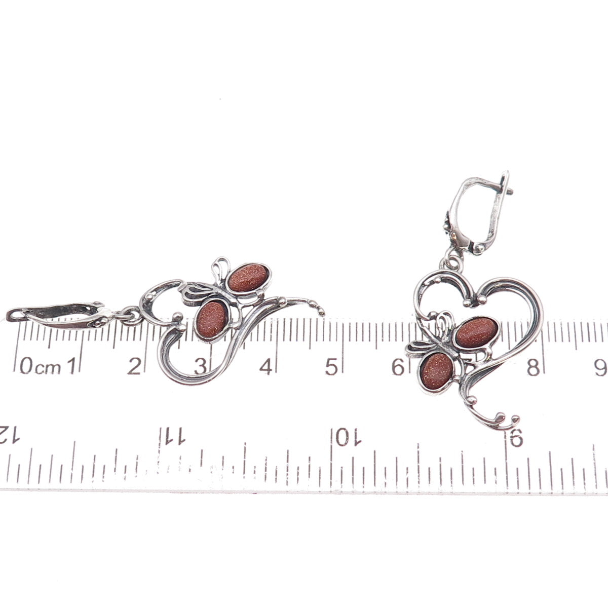 925 Sterling Vintage Poland Real Goldstone Butterfly & Heart Dangle Earrings